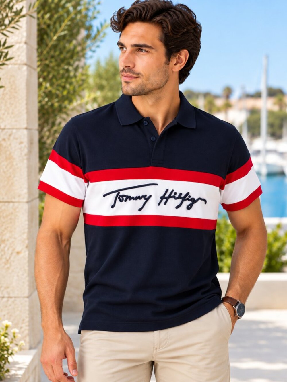 Tommy Hilfiger Men’s Slim Fit Colorblock Signature Polo Shirt Navy Red White Siz